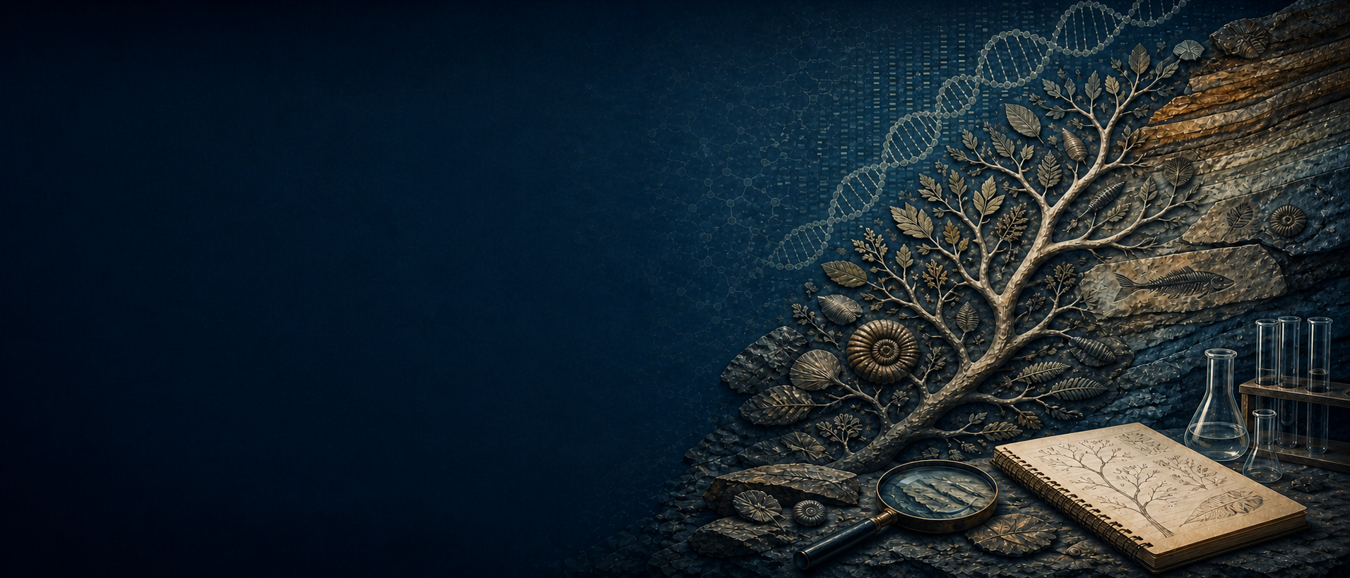 A branching tree motif rendered in relief among fossils of an ammonite, trilobite, fish, and ferns, set against layered rock strata and a DNA double helix, with a magnifying glass, an open field notebook, and laboratory glassware in the foreground.